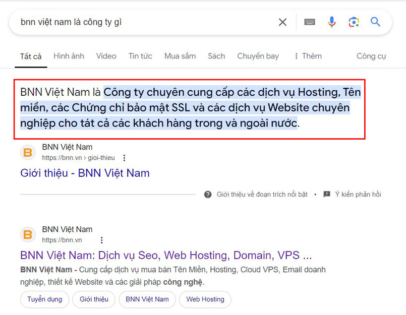 Ví dụ về Featured Snippet từ BNN Việt Nam